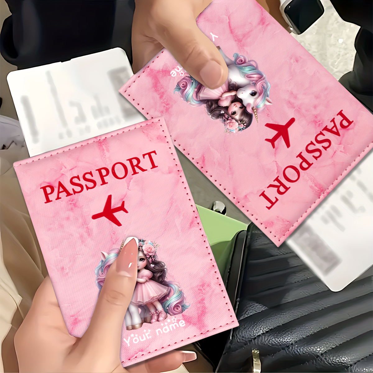 Qantas Travel Accessories - ที่ใส่หนังสือเดินทางลายยูนิคอร์นเกิร์ล ทำจาก PU พร้อมไอคอนเครื่องบินสีทอง ช่องใส่บัตร กระเป๋าสตางค์สำหรับเดินทาง