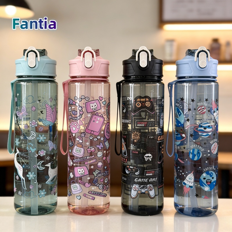 Travel Accessories Bottles - ขวดน้ำขนาด 750 มล. พกพาสะดวก ลายการ์ตูน พร้อมหลอดดูดน้ำ